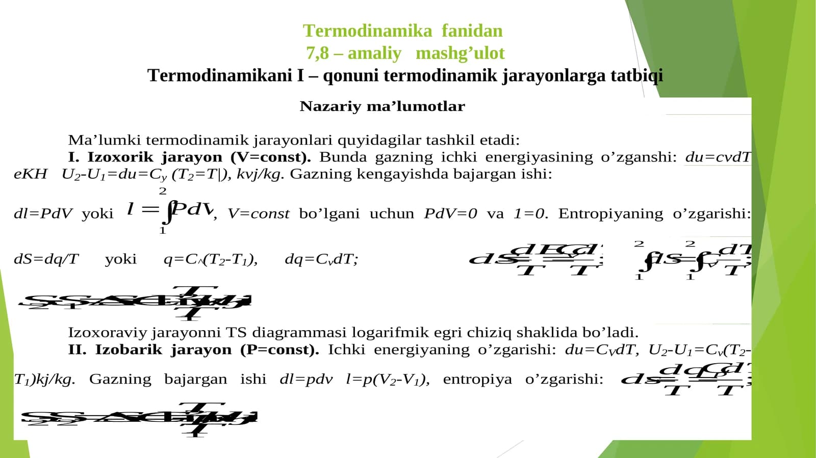 Termodinamika fanidan7,8 – amaliy mashg’ulot