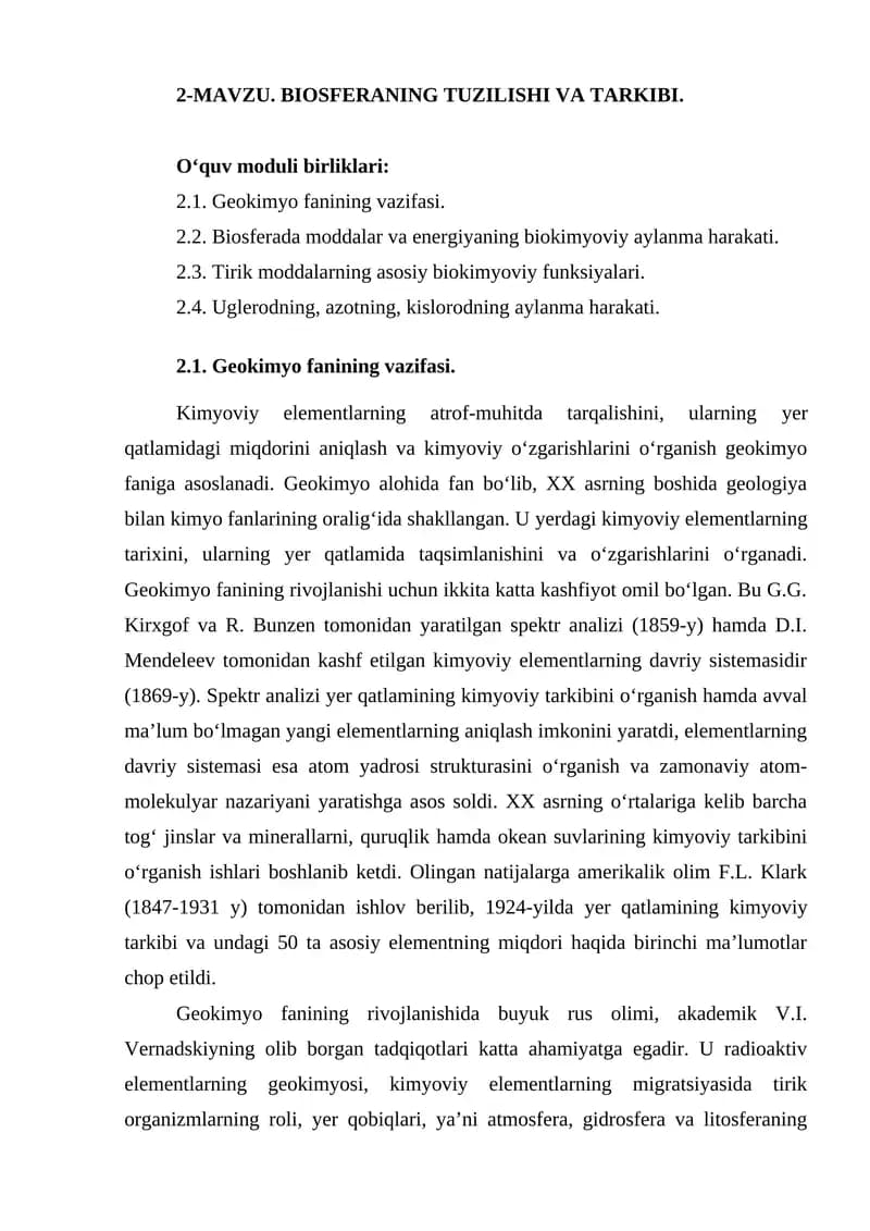 Biosferaning tuzilishi va tarkibi