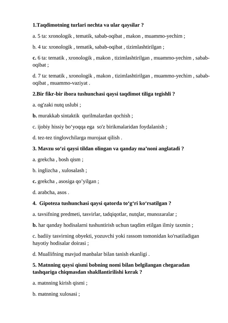 Akademik yozuv fanidan "Taqdimot nutqi ommabop nutqning bir turi sifatida. Taqdimotning tarkibi. Taqdimot turlari" mavzusida test savollari (javoblari bilan)