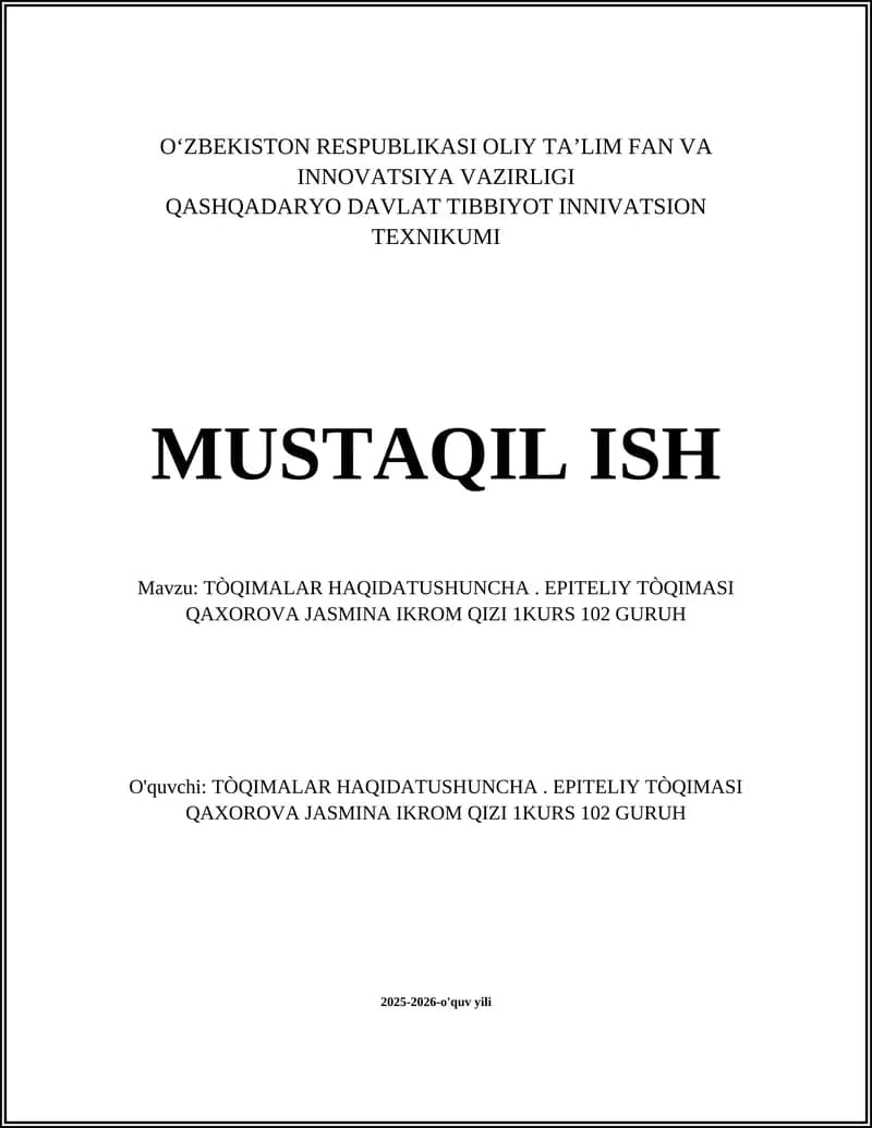 To'qimalar haqidatushuncha. Epiteliy to'qimasi