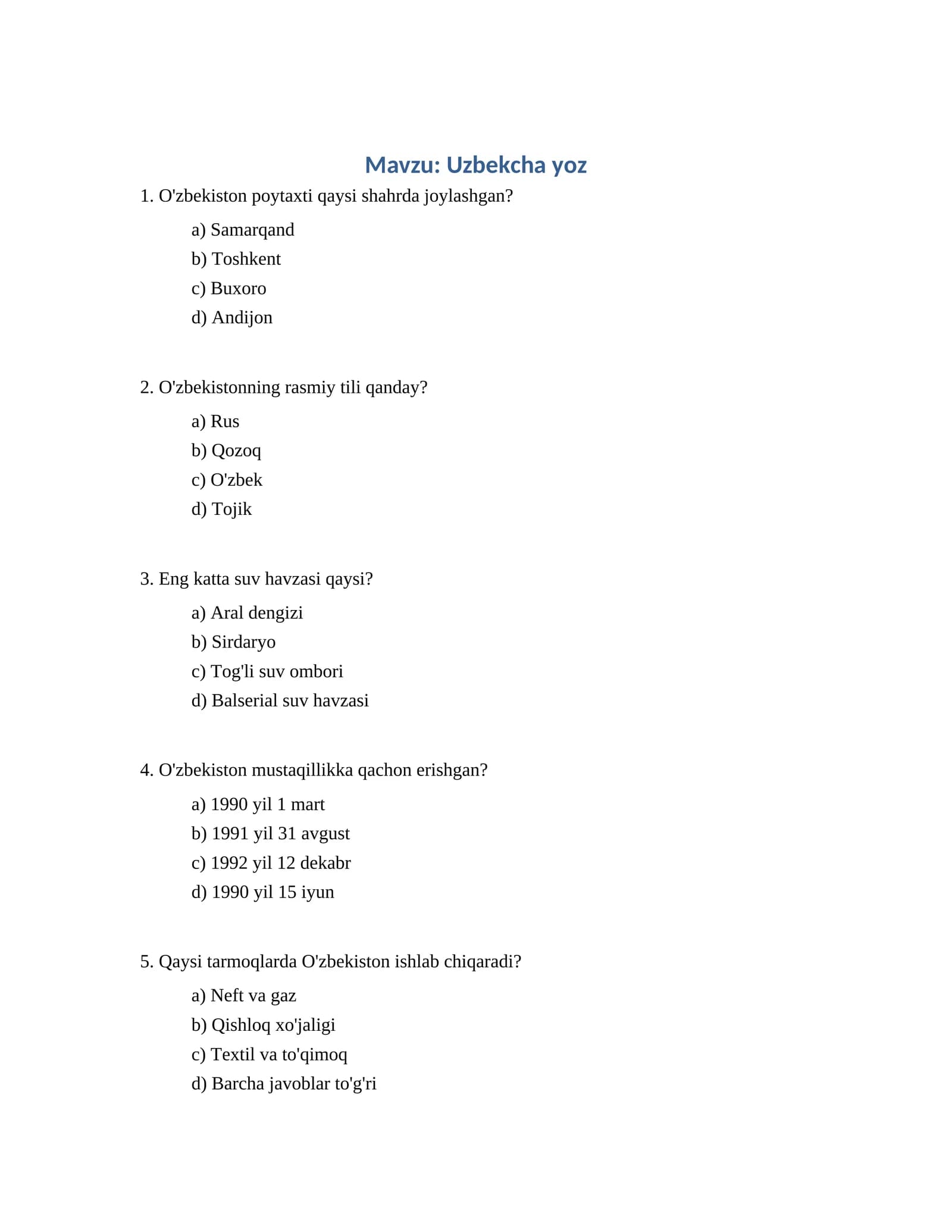Uzbekcha yoz Test Savollari