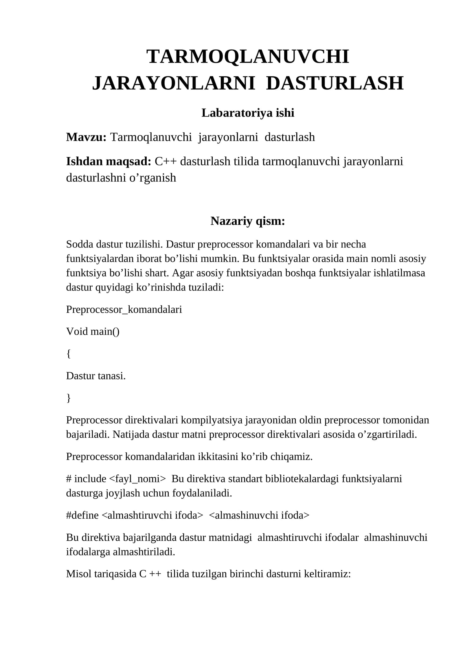 Tarmoqlanuvchi jarayonlarni dasturlash
