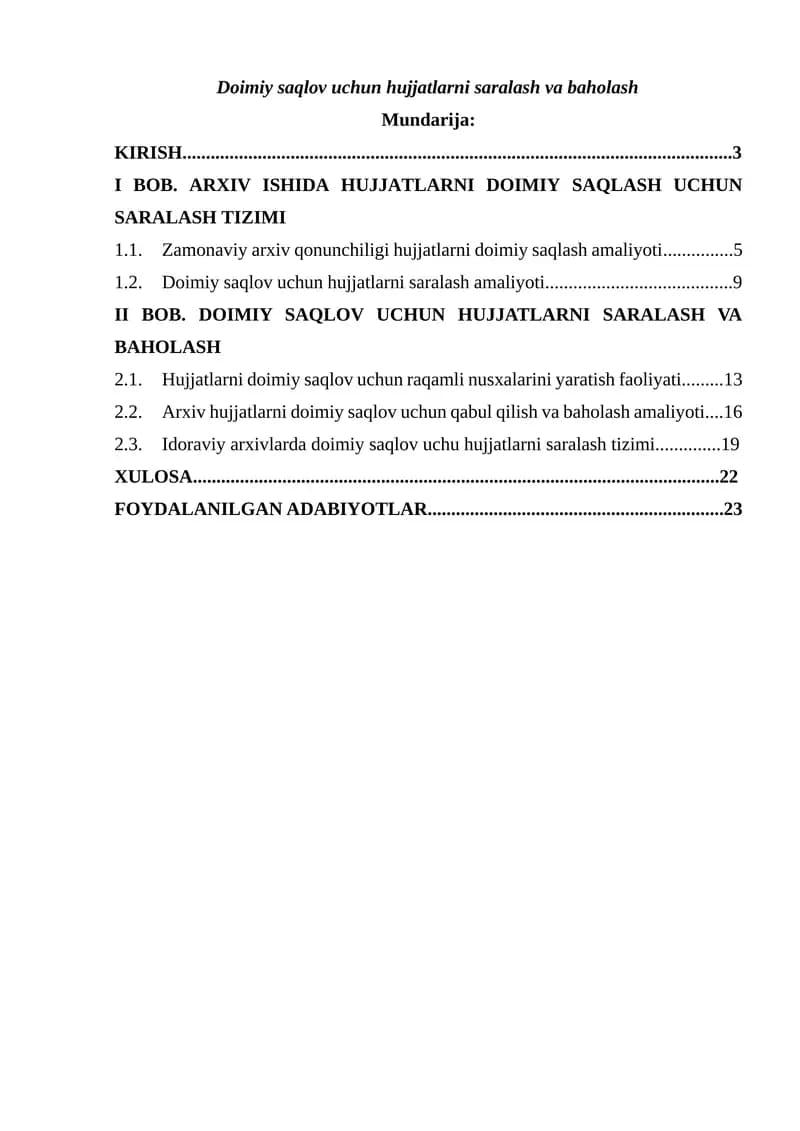 Doimiy saqlov uchun hujjatlarni saralash va baholash