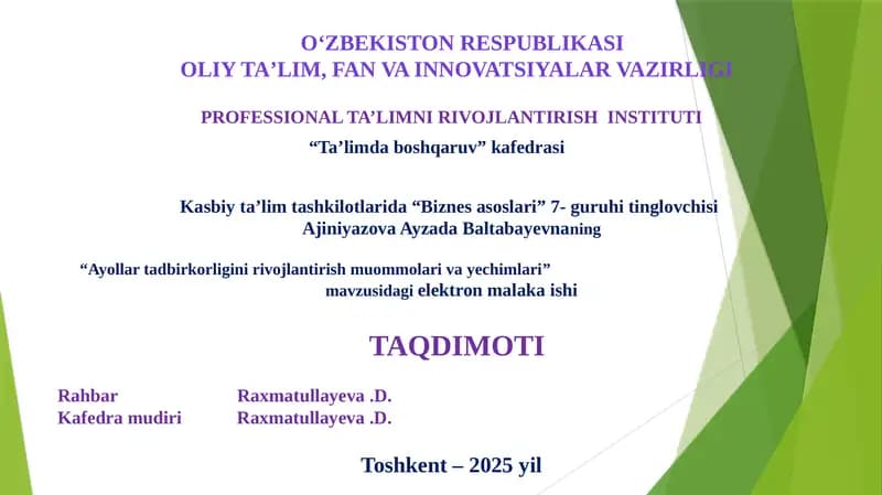 Ayollar tadbirkorligini rivojlantirish muommolari va yechimlari