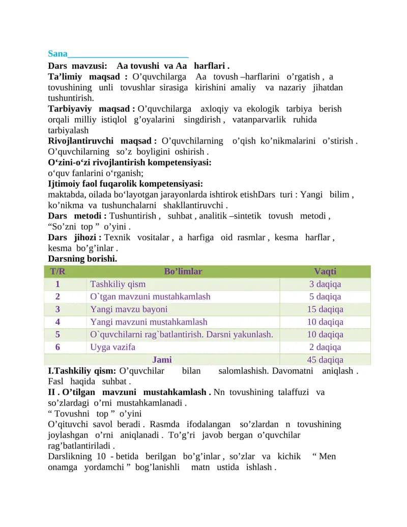 Aa tovushi va Aa harflari Dars ishlanmasi