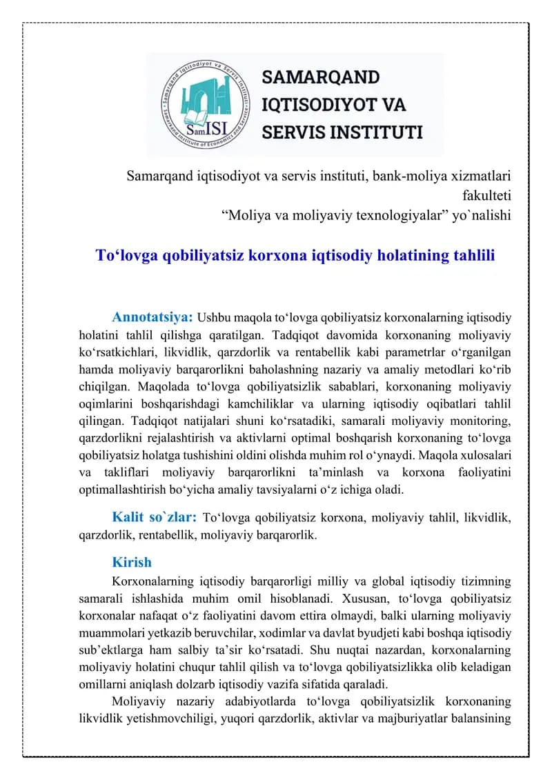 To‘lovga qobiliyatsiz korxona iqtisodiy holatining tahlili