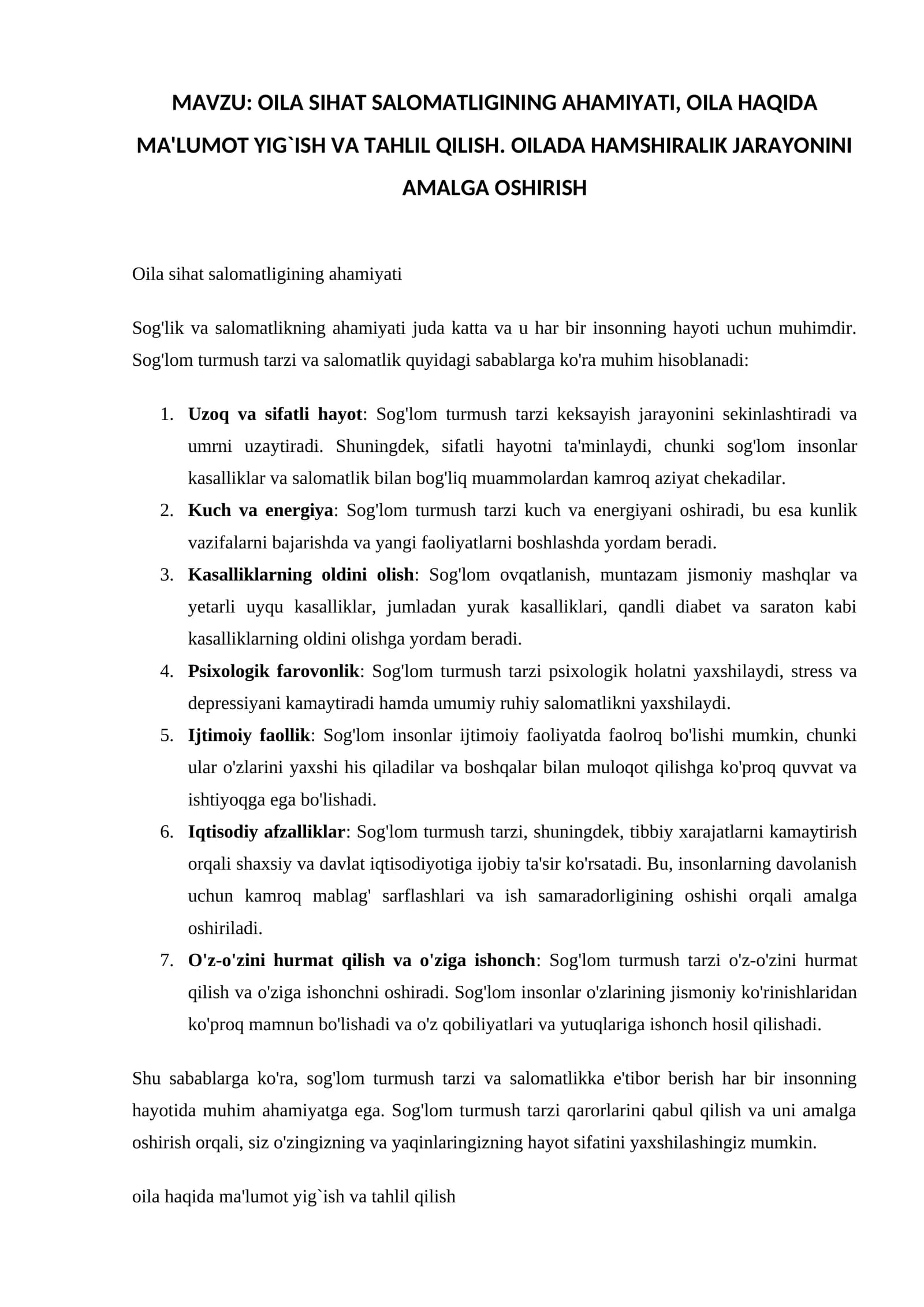 OILA SIHAT SALOMATLIGINING AHAMIYATI
