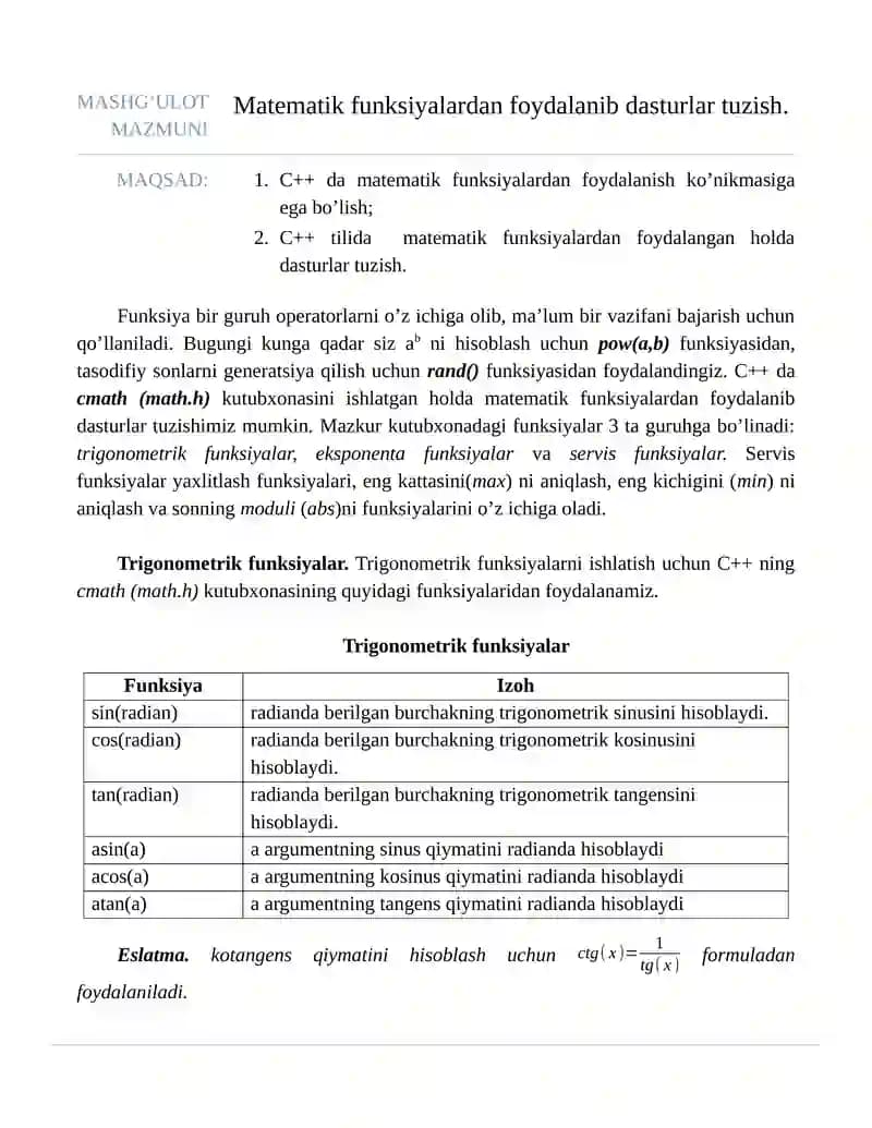 Matematik funksiyalardan foydalanib dasturlar tuzish.
