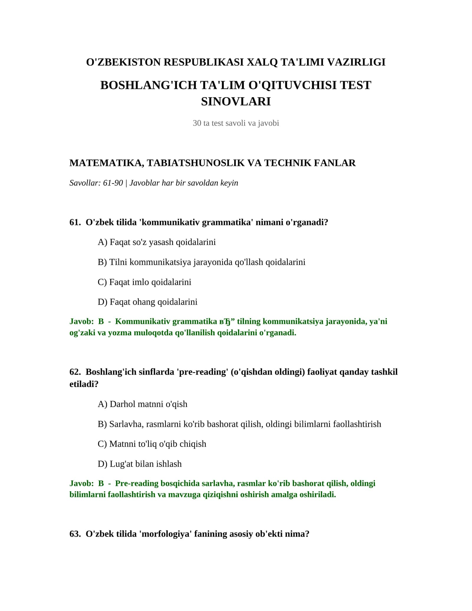 BOSHLANG'ICH TA'LIM O'QITUVCHISI TEST SINOVLARI