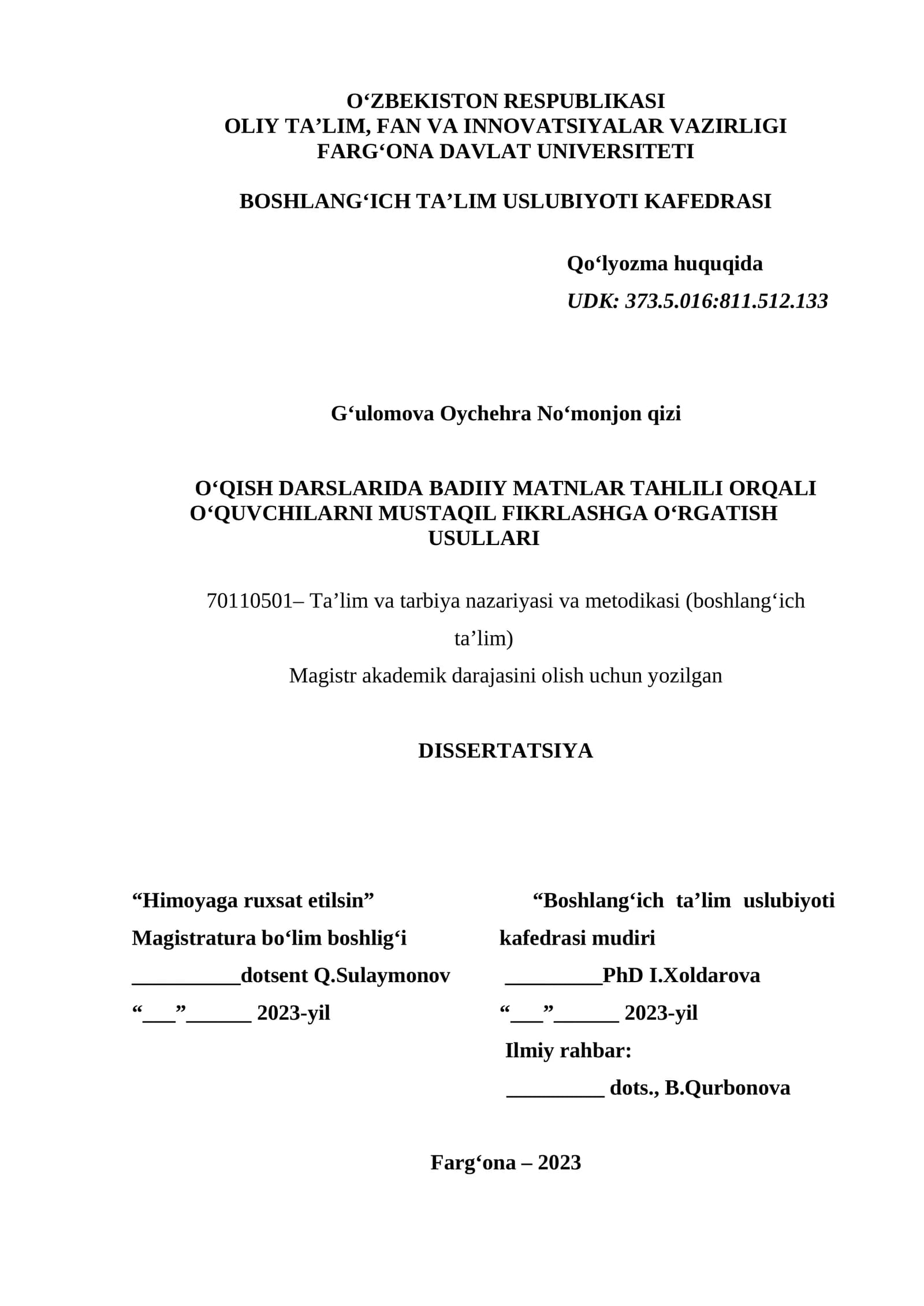 OʻQISH DARSLARIDA BADIIY MATNLAR TAHLILI ORQALI OʻQUVCHILARNI MUSTAQIL FIKRLASHGA OʻRGATISH USULLARI