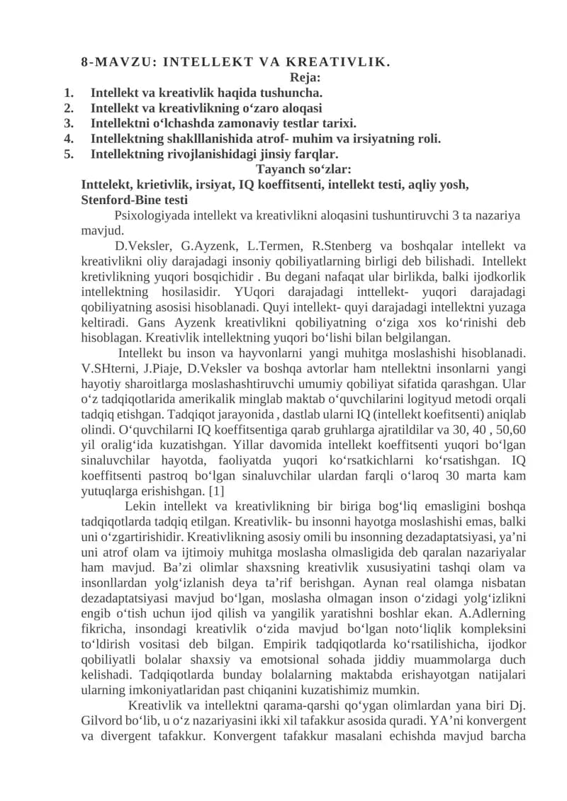 INTELLEKT VA KREATIVLIK