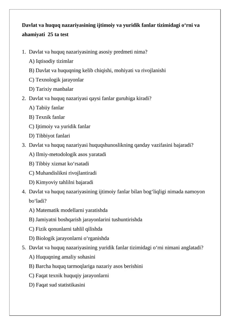 Davlat va huquq nazariyasi test savollari