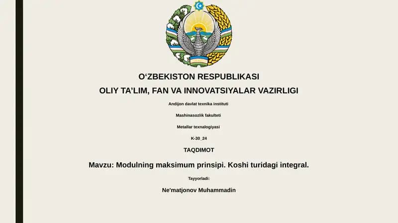 Modulning maksimum prinsipi. Koshi turidagi integral