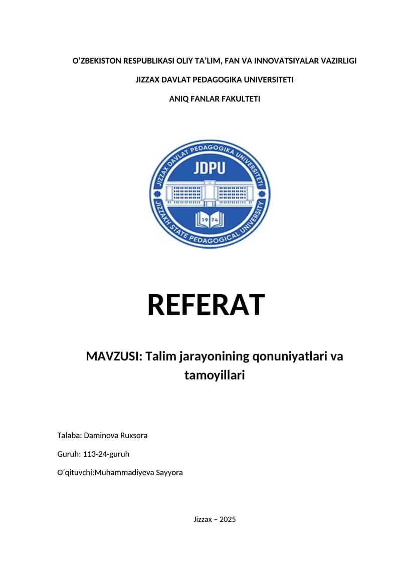 Talim jarayonining qonuniyatlari va tamoyillari