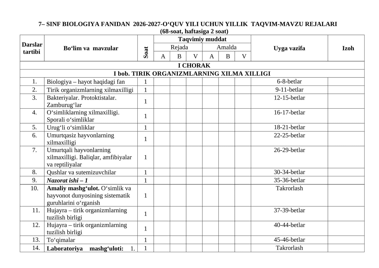 7-sinf biologiyai ish reja 2026-yil.