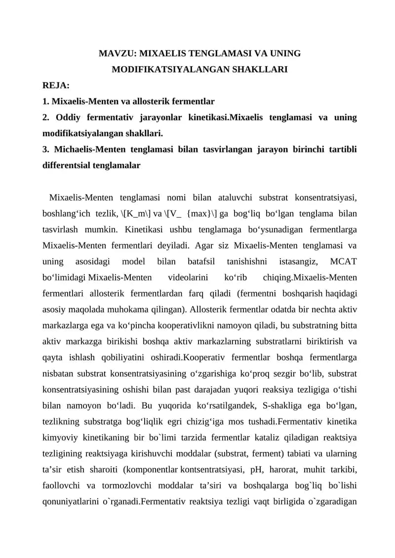 MIXAELIS TENGLAMASI VA UNING MODIFIKATSIYALANGAN SHAKLLARI