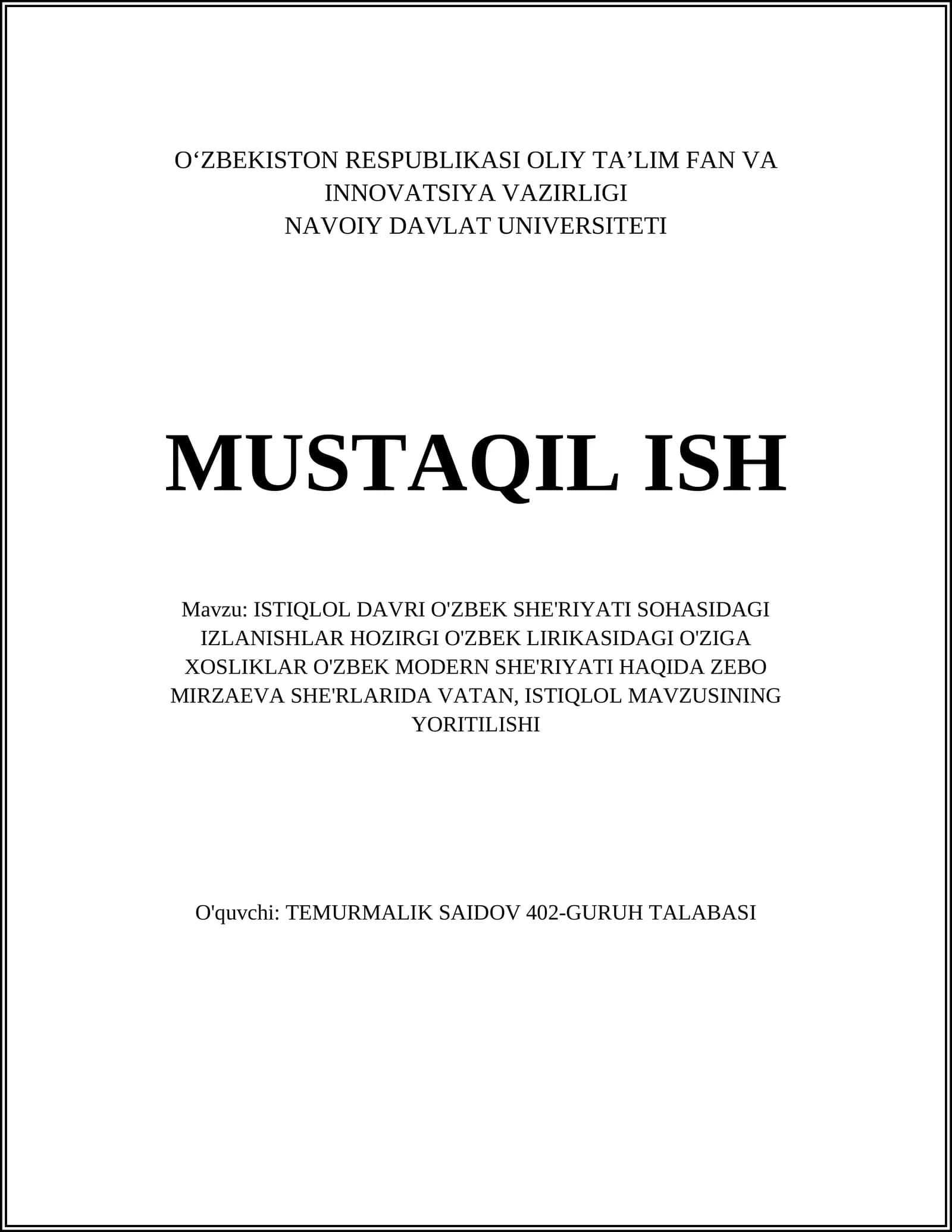 ISTIQLOL DAVRI O'ZBEK SHE'RIYATI