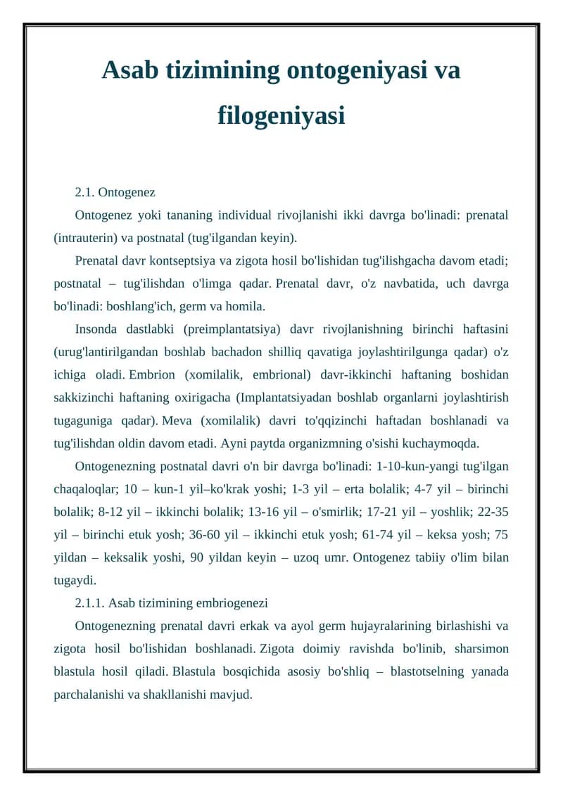 Asab tizimining ontogeniyasi va filogeniyasi