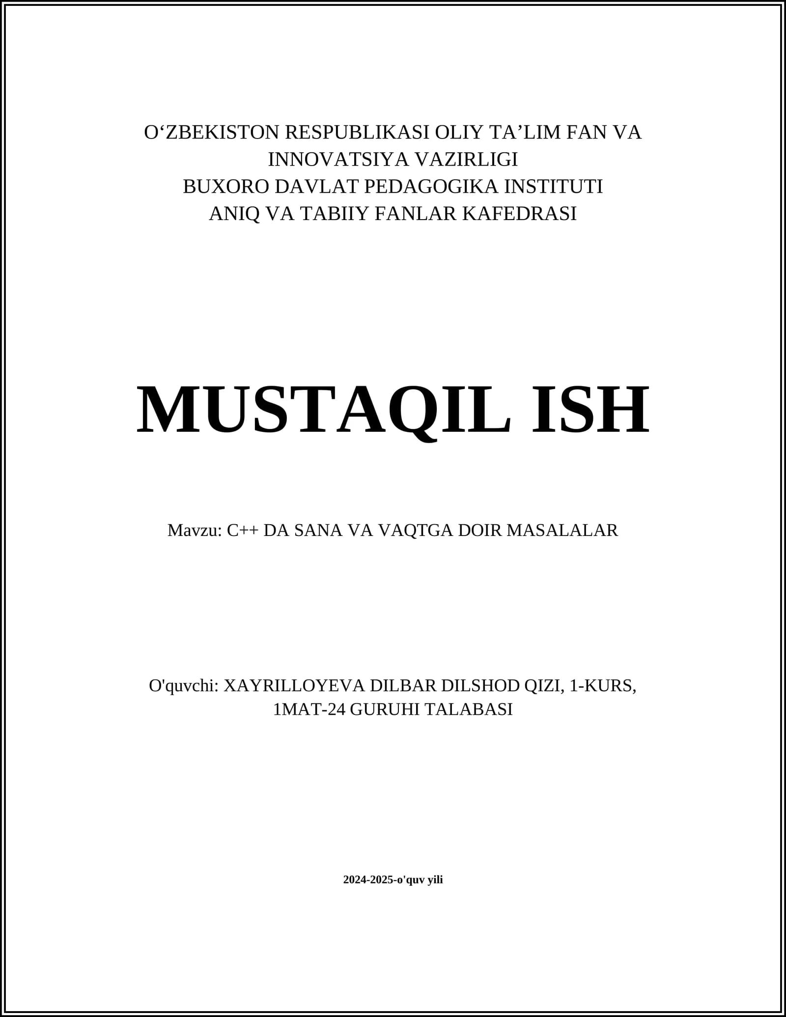 C++ DA SANA VA VAQTGA DOIR MASALALAR