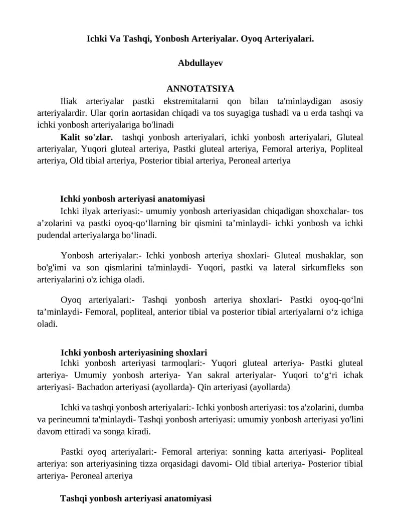 Ichki Va Tashqi, Yonbosh Arteriyalar