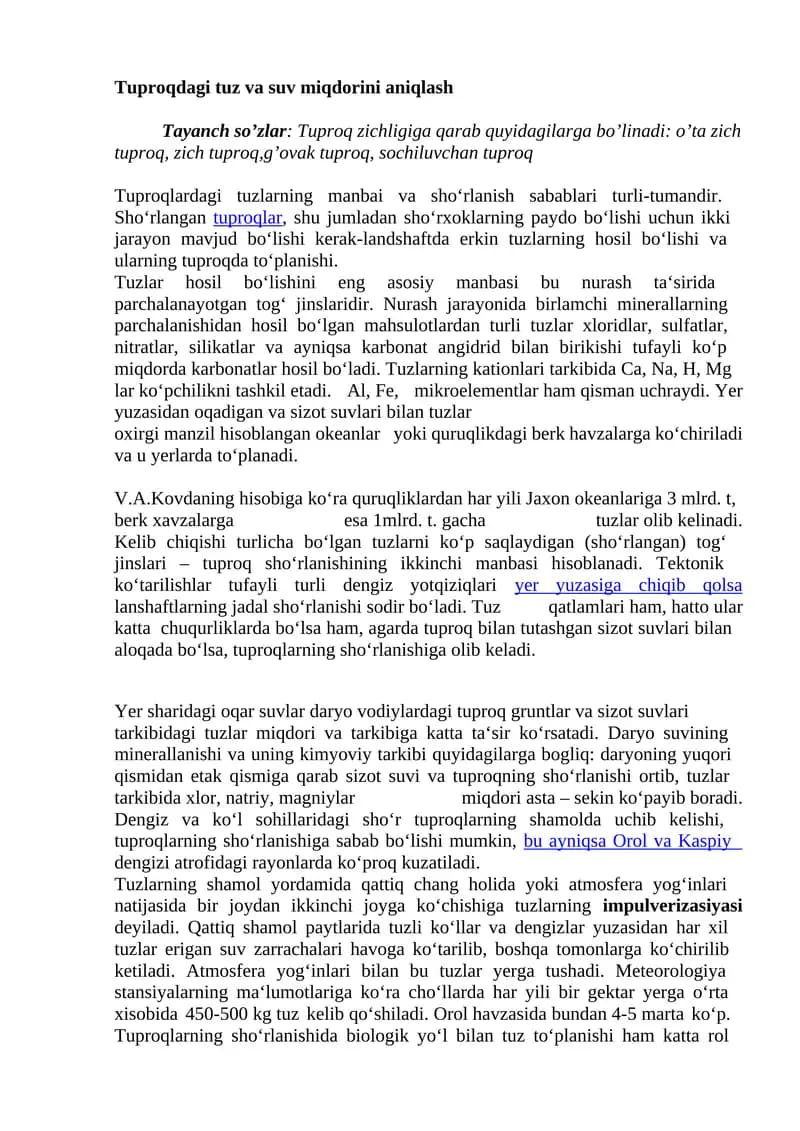 Tuproqdagi tuz va suv miqdorini aniqlash
