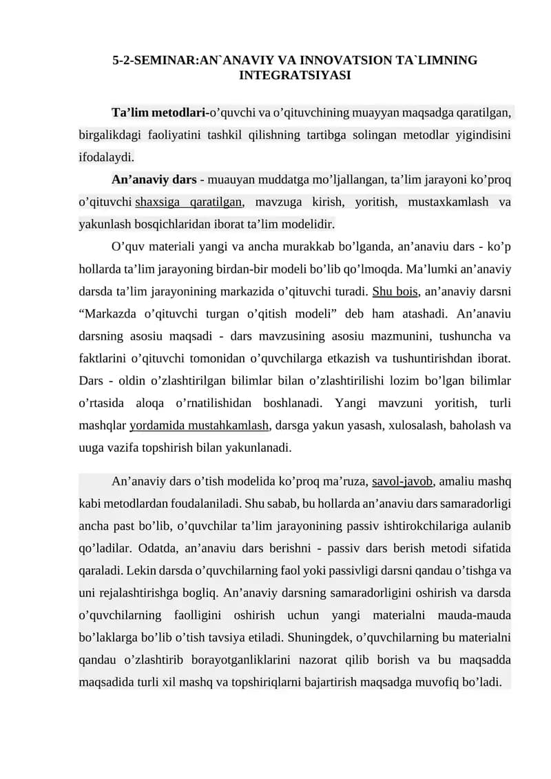 AN`ANAVIY VA INNOVATSION TA`LIMNING INTEGRATSIYASI