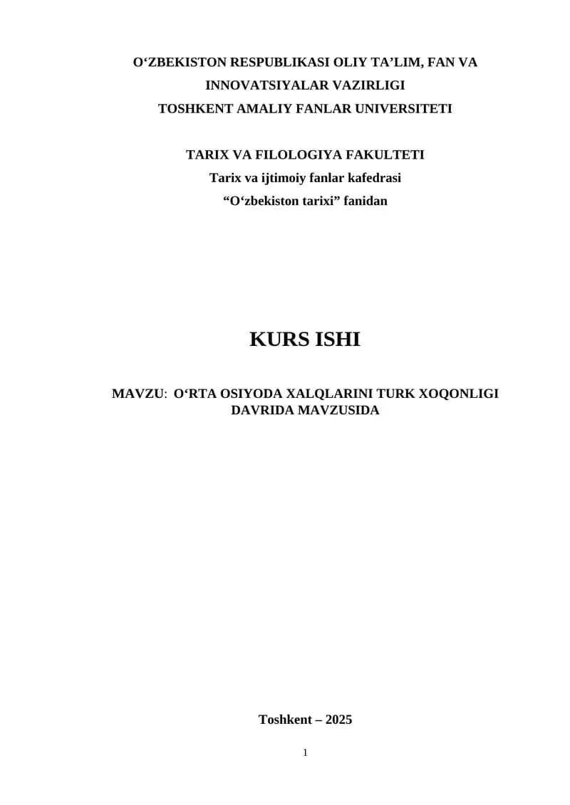 O‘RTA OSIYODA XALQLARINI TURK XOQONLIGI DAVRIDA
