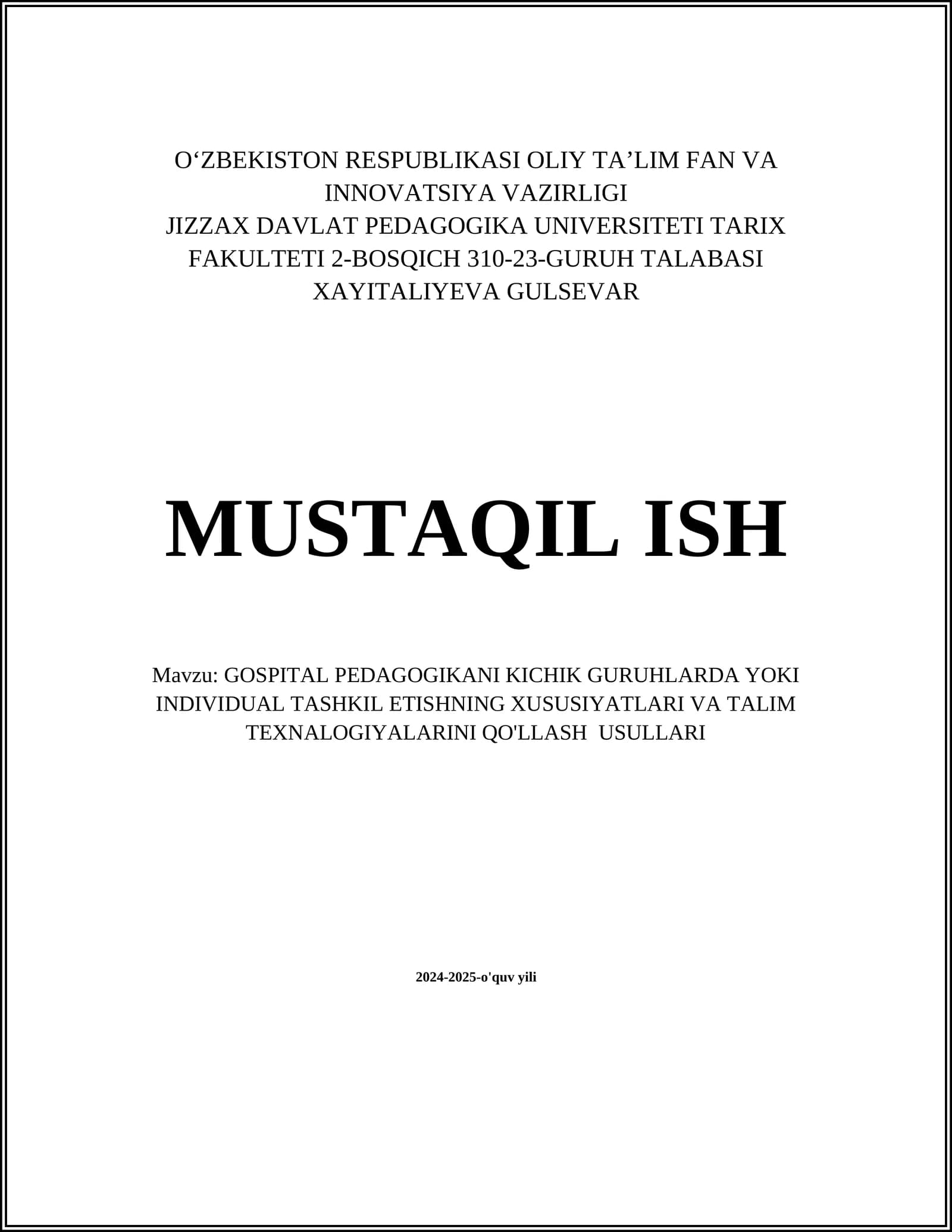 GOSPITAL PEDAGOGIKASI KICHIK GURUHLARDA