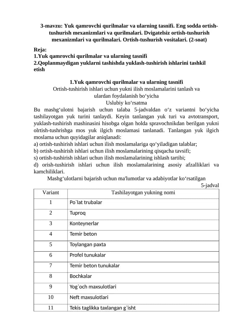 Yuk qamrovchi qurilmalar va ularning tasnifi