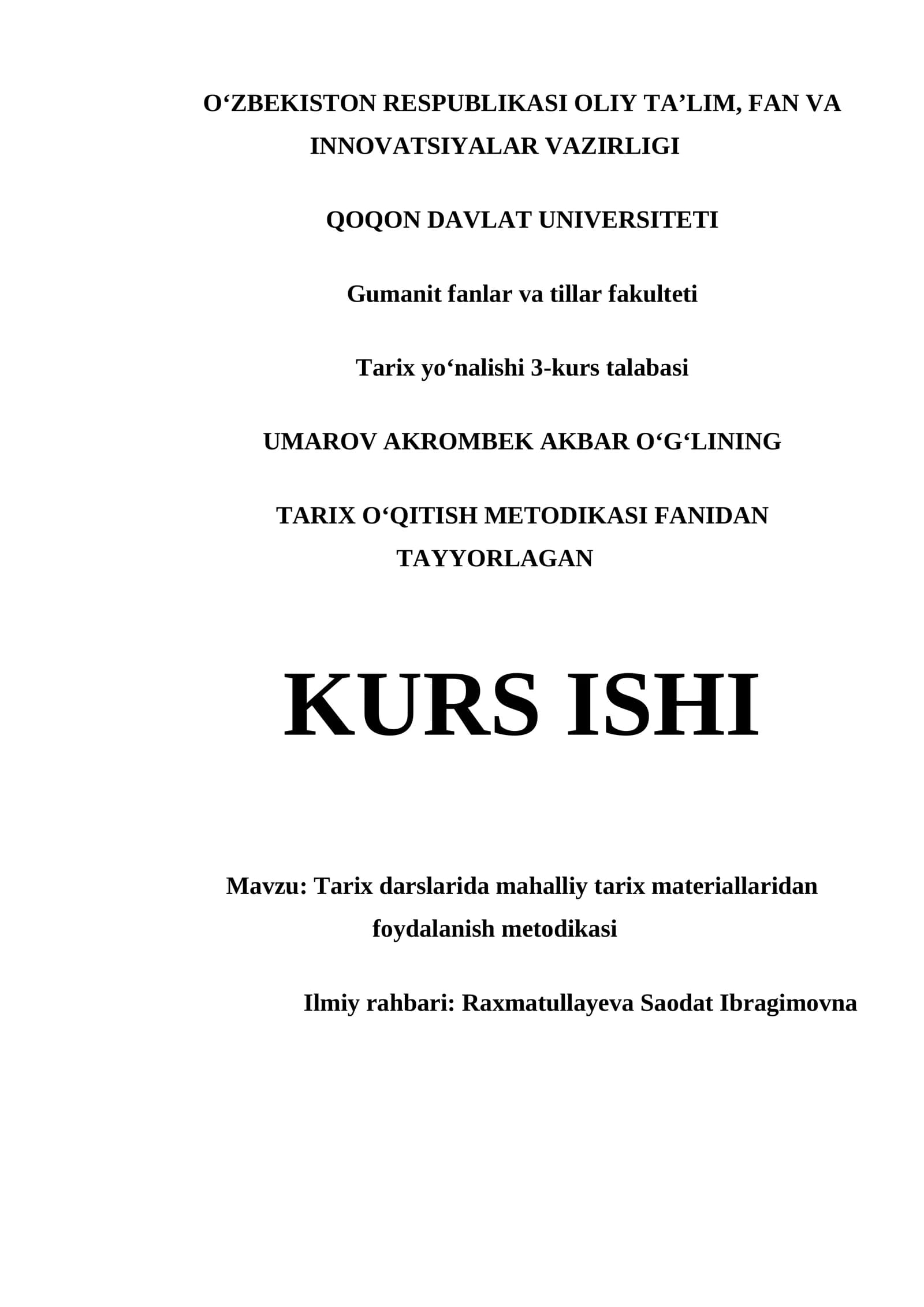 Tarix darslarida mahalliy tarix materiallaridan foydalanish metodikasi