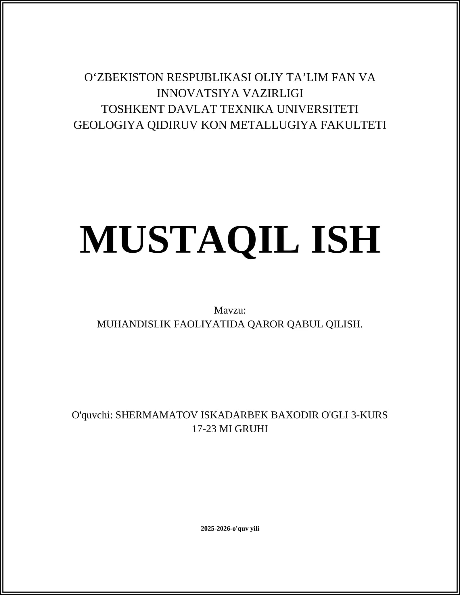 MUHANDISLIK FAOLIYATIDA QAROR QABUL QILISH