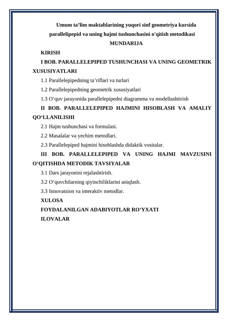 Parallelepiped va uning hajmi tushunchasi