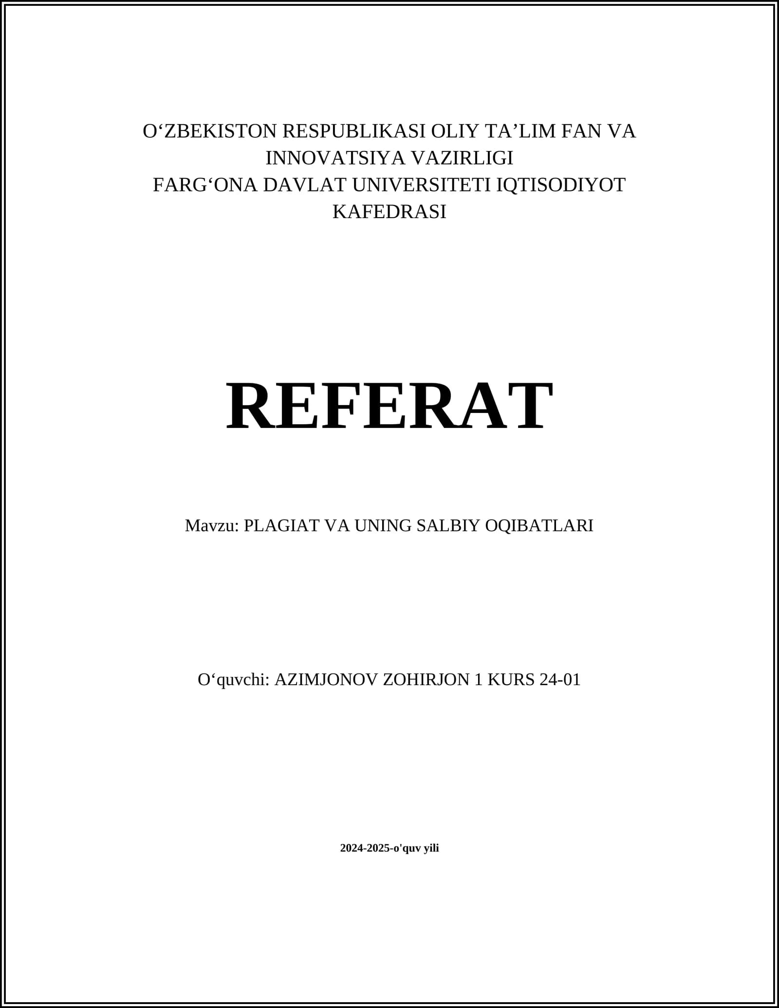 PLAGIAT VA UNING SALBIY OQIBATLARI