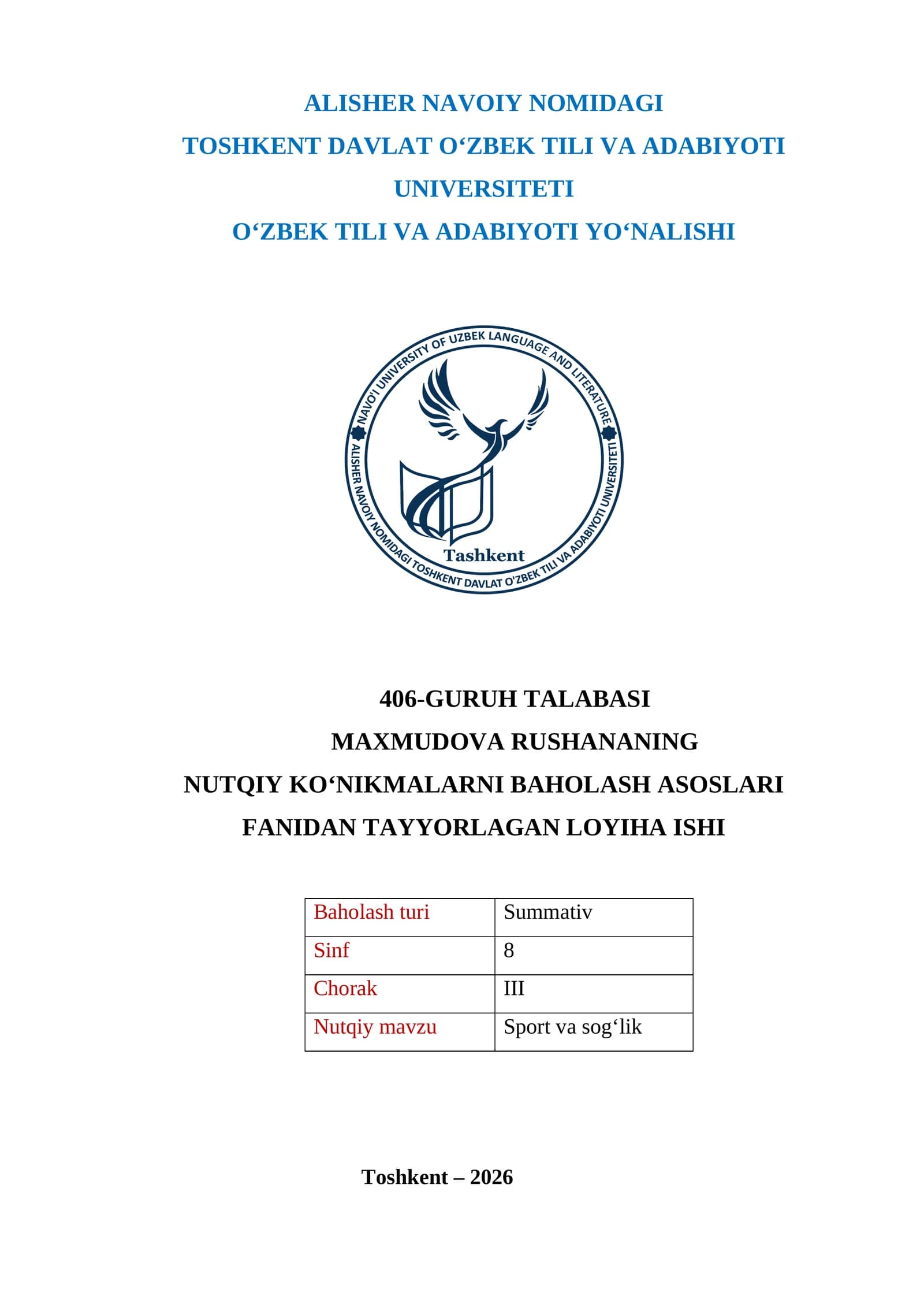 Maxmudova Rushananing Nutqiy Ko‘nikmalarni Baholash Asoslari
