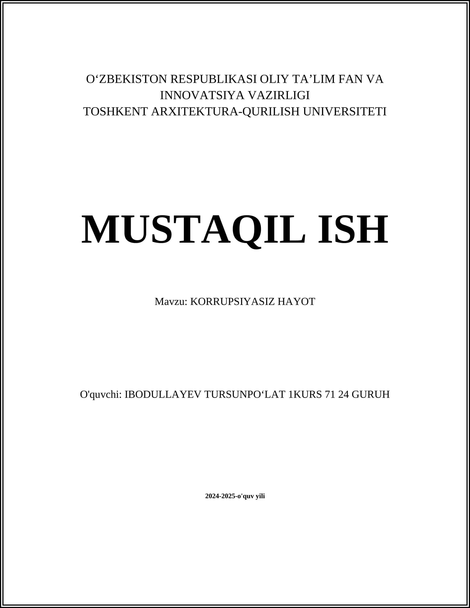 KORRUPSIYASIZ HAYOT