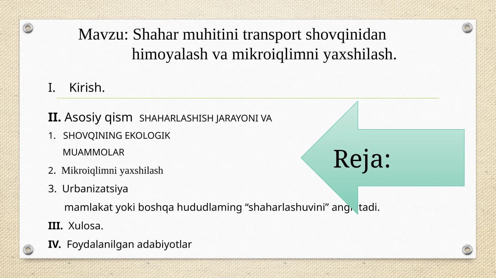 Shahar muhitini transport shovqinidan himoyalash va mikroiqlimni yaxshilash