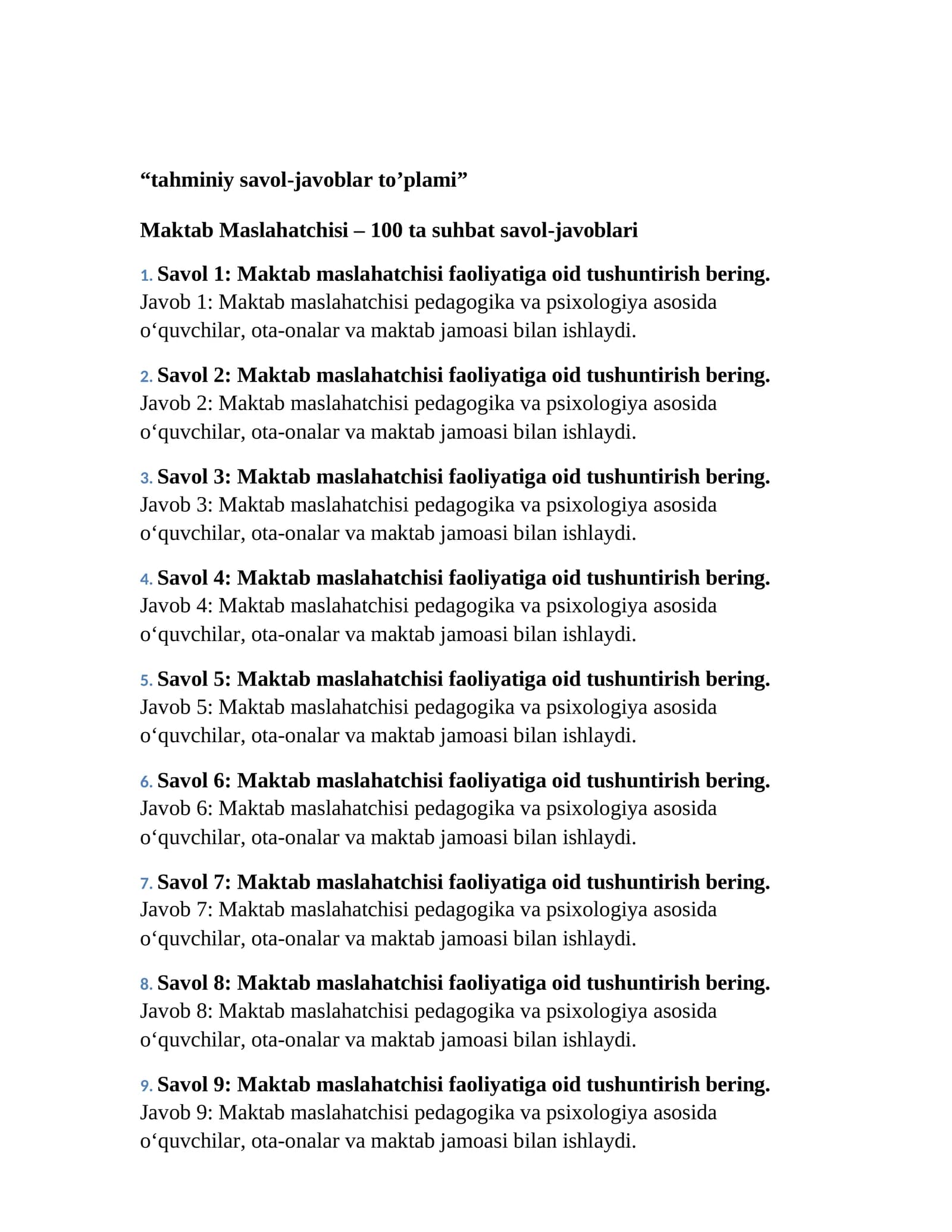 Maktab Maslahatchisi – 100 ta suhbat savol-javoblari