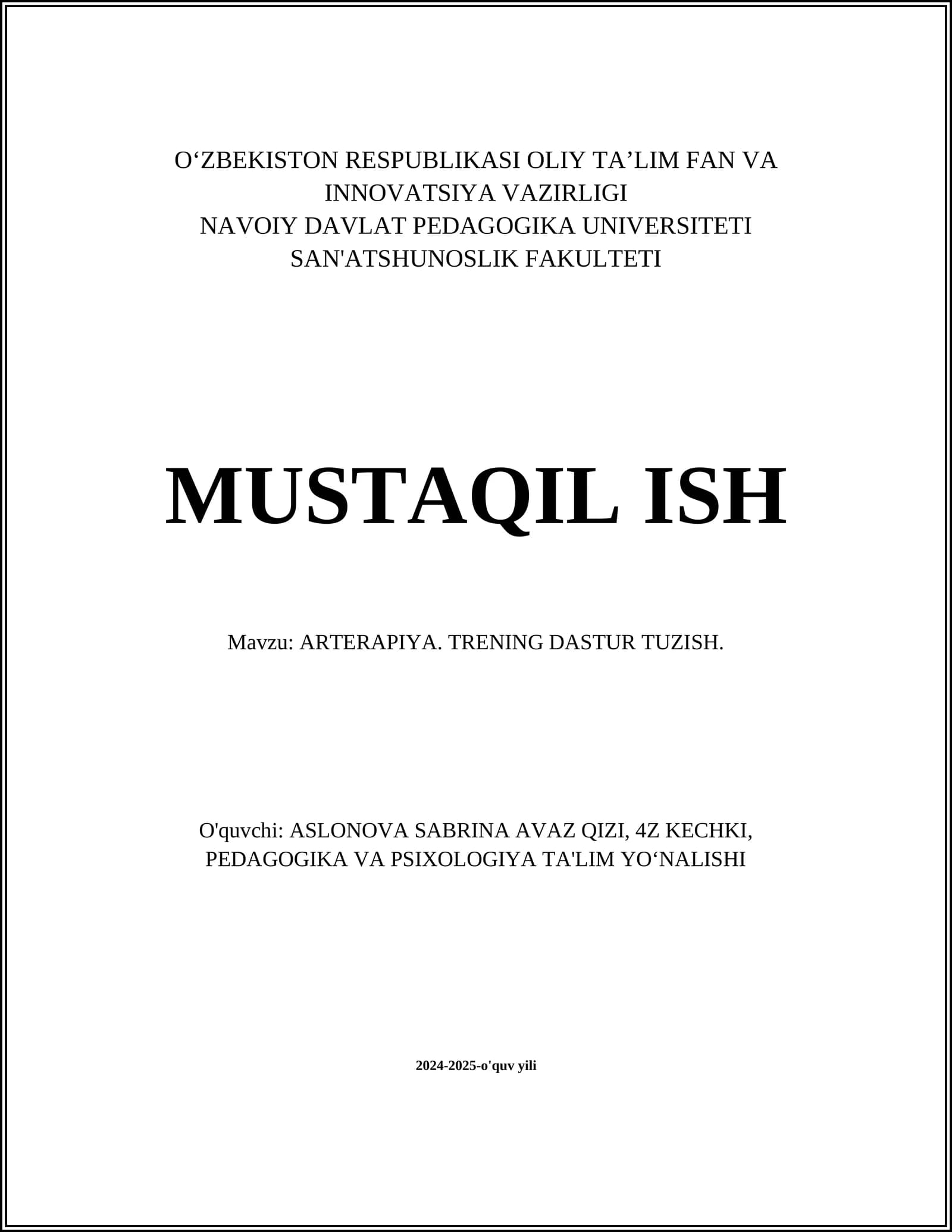ARTERAPIYA. TRENING DASTUR TUZISH