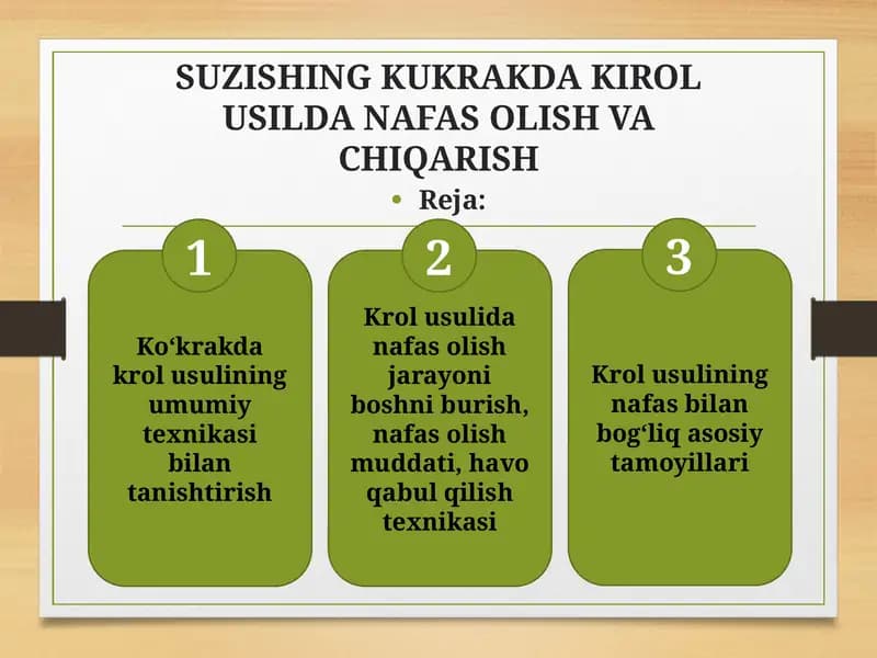 Ko‘krakda krol usulining umumiy texnikasi bilan tanishtirish