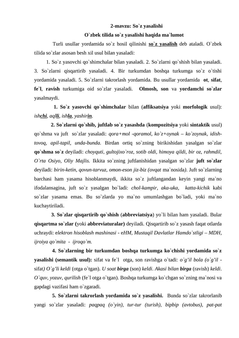 2-mavzu: So`z yasalishi