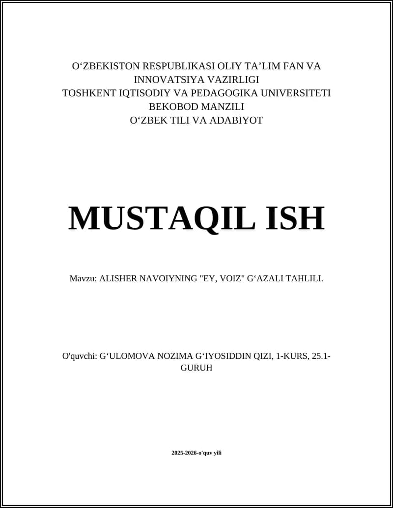ALISHER NAVOIYNING "EY, VOIZ" GʻAZALI TAHLILI