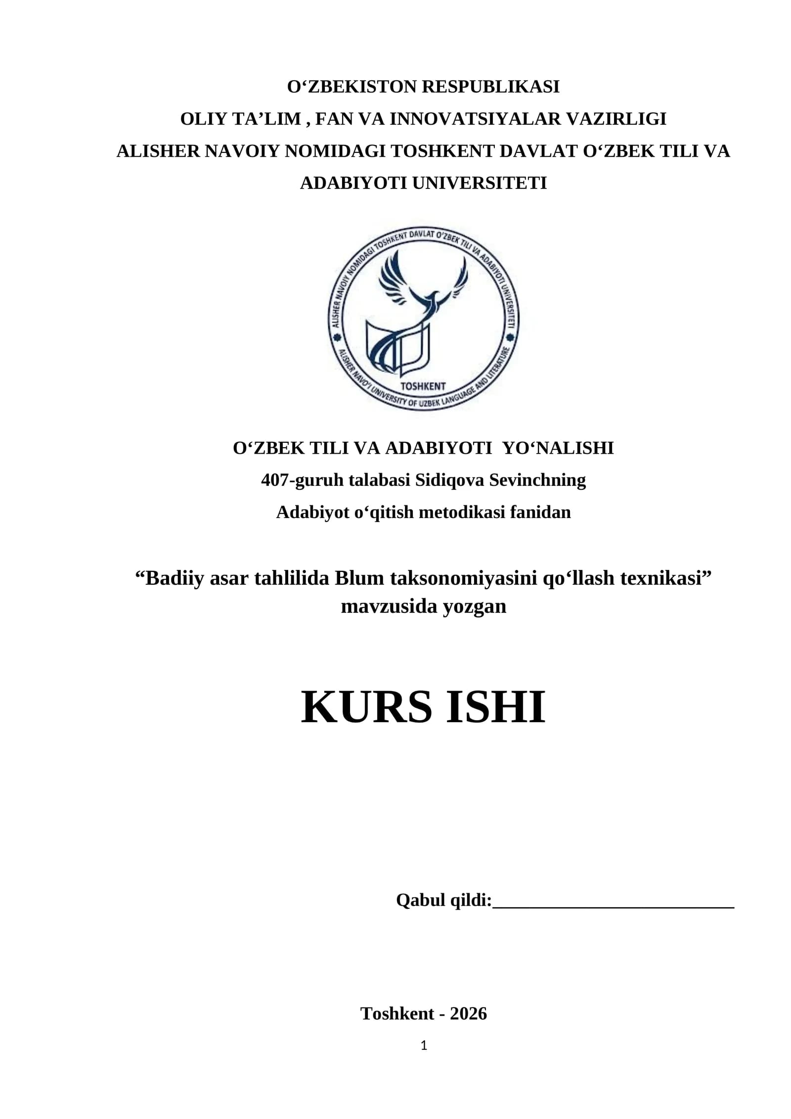 Badiiy asar tahlilida Blum taksonomiyasini qo‘llash texnikasi