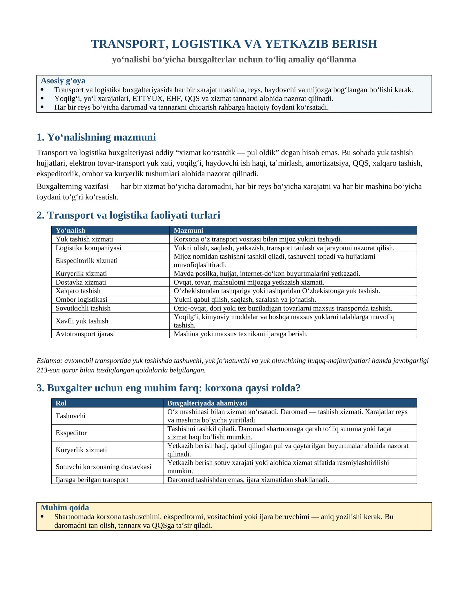 TRANSPORT, LOGISTIKA VA YETKAZIB BERISH