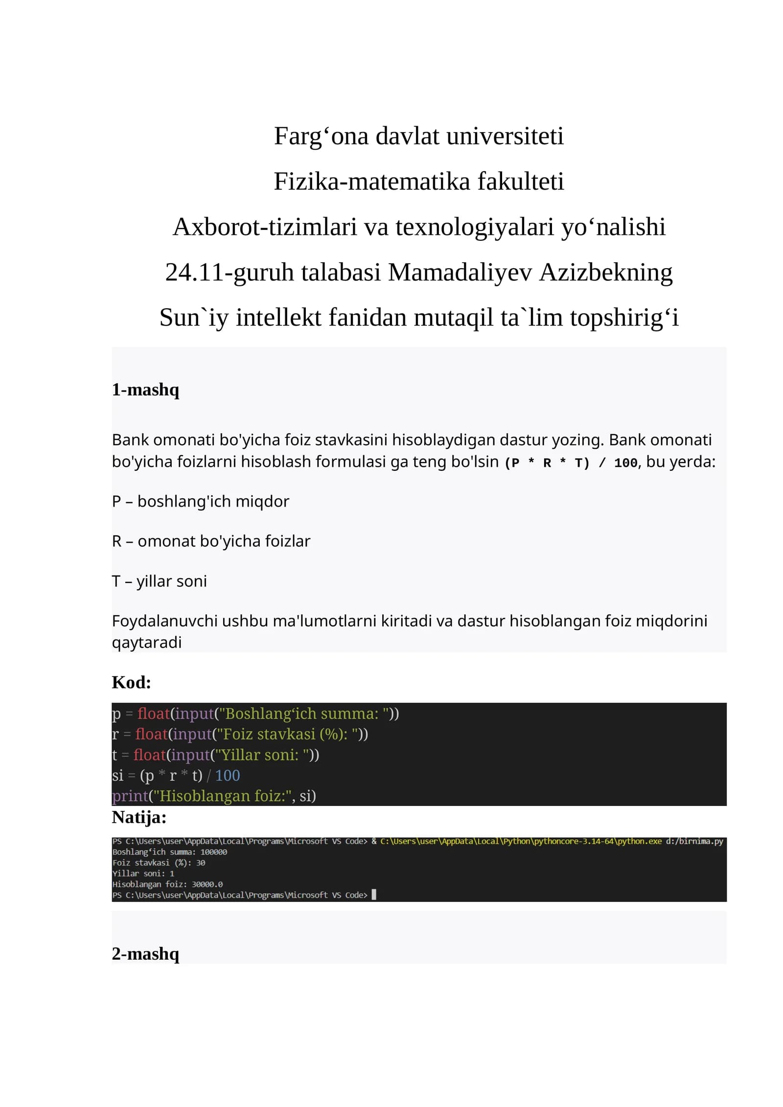 Sun`iy intellekt fanidan mutaqil ta`lim topshirig‘i