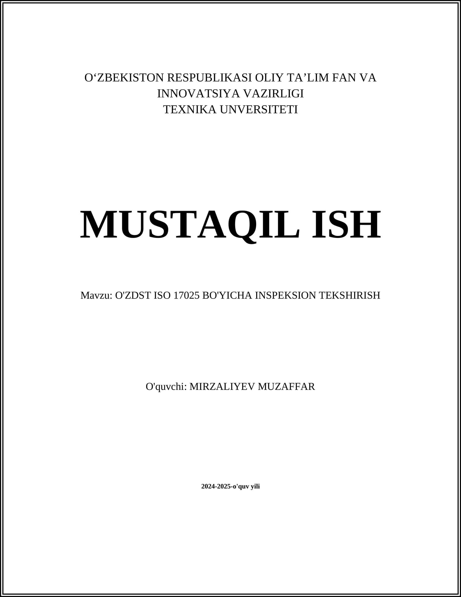O'ZDST ISO 17025 BO'YICHA INSPEKSION TEKSHIRISH