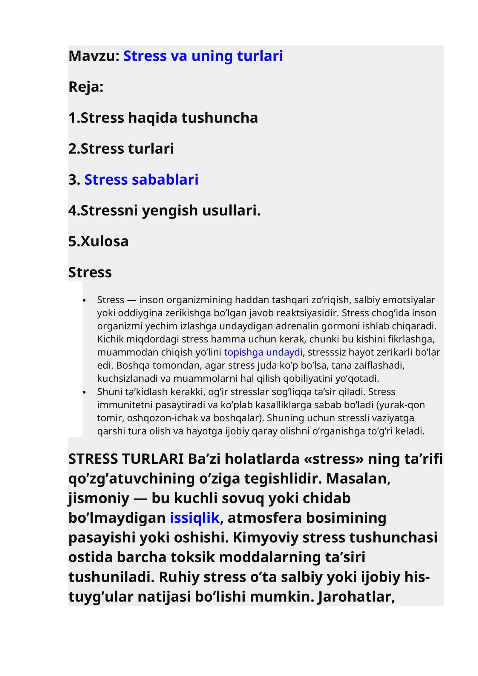 Stress va uning turlari
