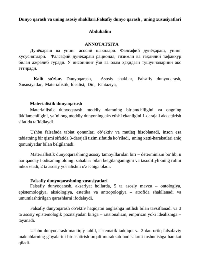 Dunyo qarash va uning asosiy shakllari