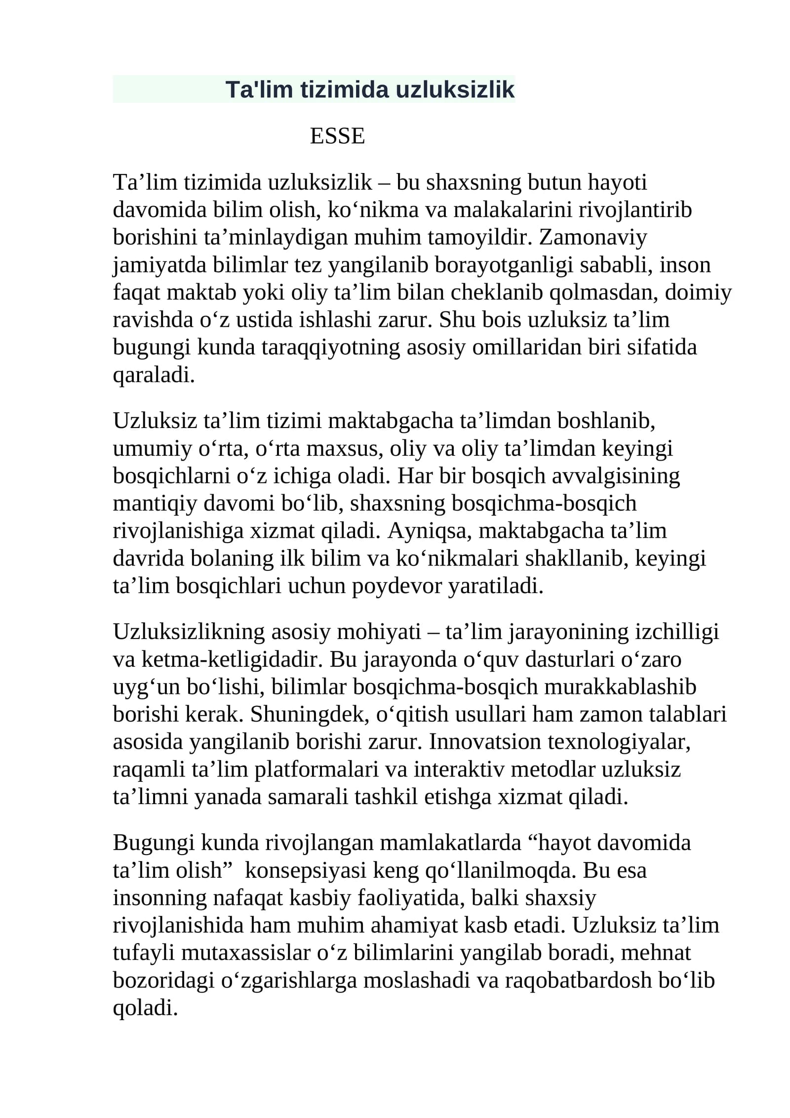 Ta'lim tizimida uzluksizlik