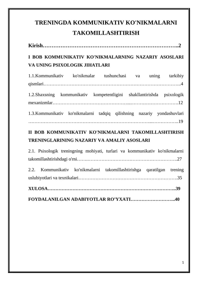 TRENINGDA KOMMUNIKATIV KO'NIKMALARNI TAKOMILLASHTIRISH