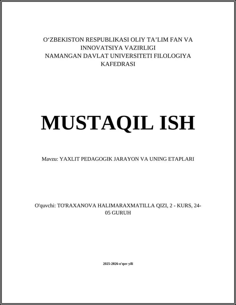 Yaxlit Pedagogik Jarayon va uning Etaplari